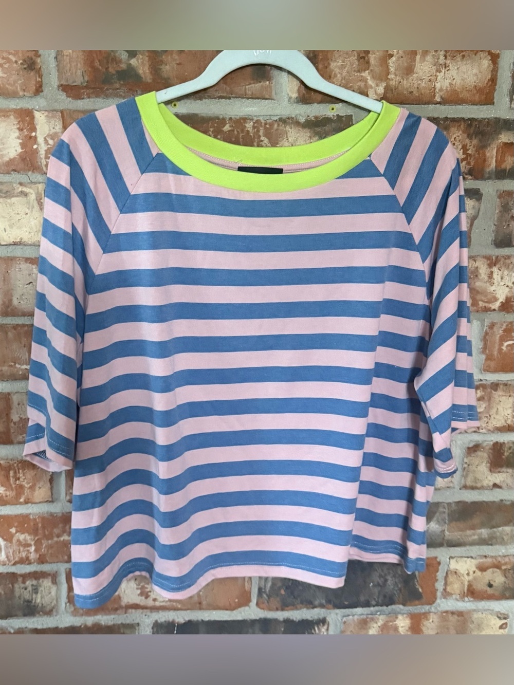 Striped Round neck Top in Pink & Blue with Lime Trim - Picture 4 of 7